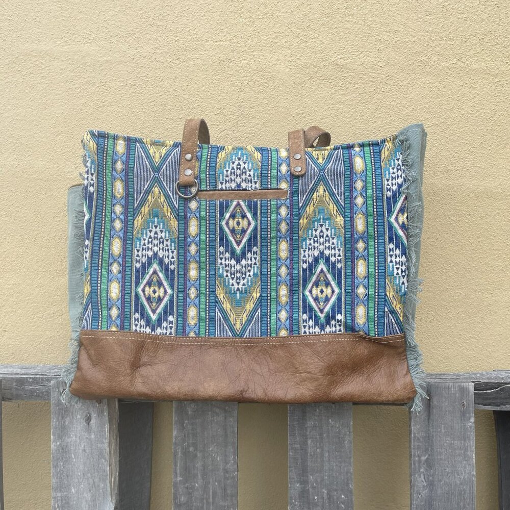 Blue Boho Southwestern Print Canvas and Leather Conceal Carry Weekender Bag